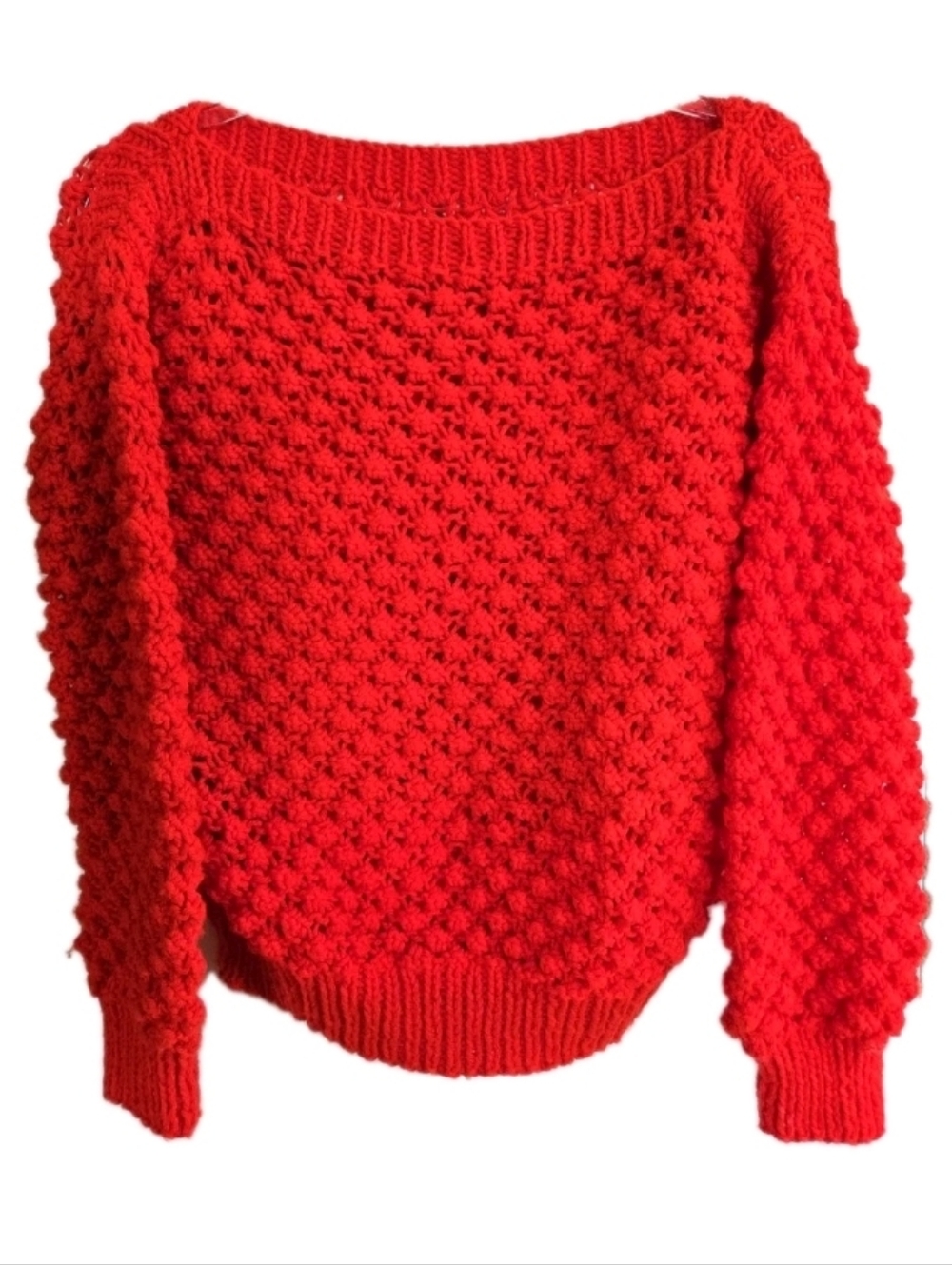 Handmade Popcorn Stitch Pullover Sweater Size S Bright Hot Red Boat Neck 80s